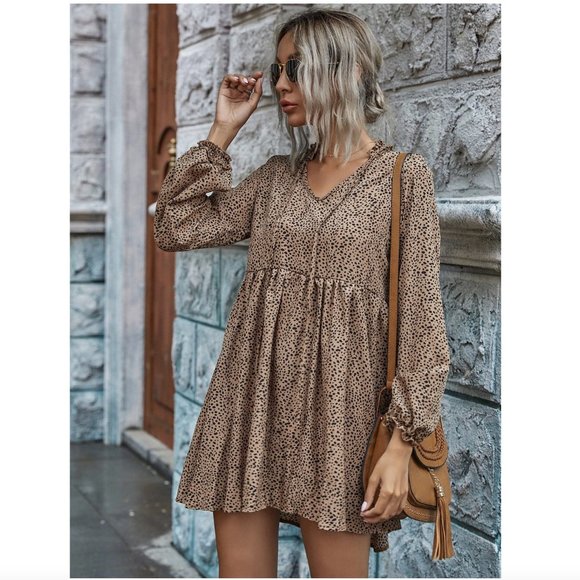 SHEIN Dalmatian Print Tie Neck Smock Dress Khaki - Picture 1 of 15